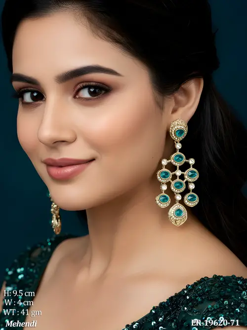 Long Antique Earrings with Stone Work in Mehendi Finish
