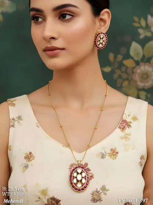 Fancy Designer Pendant with Earrings Mehendi Finish Kundan Pendant Set