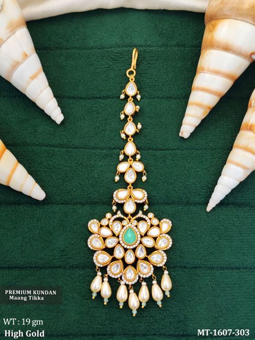 Party Wear Kundan Tikka in Mint Green, photo 5 of 6