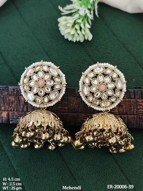 Mehendi Finish Stone-Studded Jhumka Earrings for Women in Pink, photo 2 of 5
