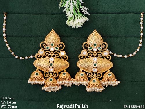 Ethnic Stone-Studded Jhumka Earrings in Rajwadi Finish in Green, photo 3 of 5