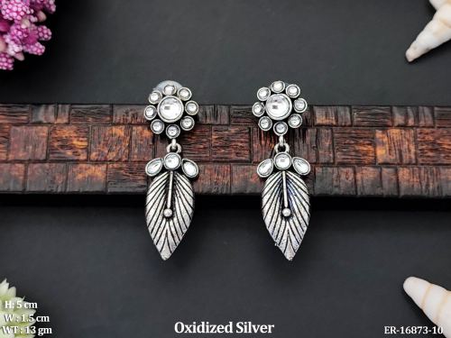 Party Wear Leaf Drop Earrings in Oxidised Finish in White, photo 5 of 7