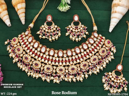 Kundan Necklace Set in Rose Finish for Women in Ruby, photo 2 of 4