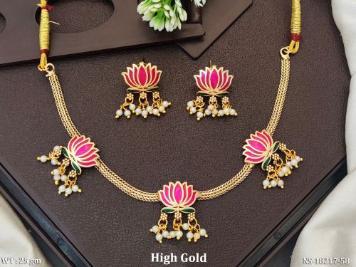 Stone-Studded Necklace Set with Lotus Design