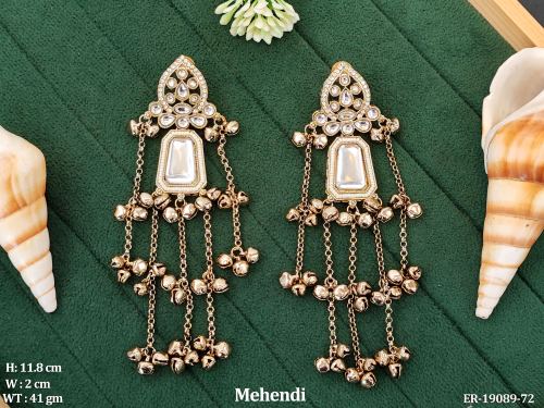 Long Stone-Studded Chain Earrings with Small Bells in Mehendi Finish in White, photo 10 of 12