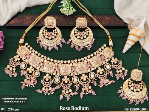 Party Wear Kundan Necklace Set with Stone Work in Pink, photo 2 of 6