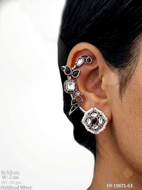 Stone-Studded Bird Ear Cuff Earrings in Oxidised Finish, photo 2 of 2
