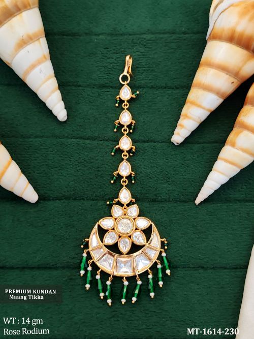 Stone-Studded Floral Maang Tikka in Rose Finish in Green, photo 3 of 6