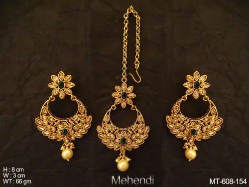 Paan Full Stoned Polki Maang Tikka Earrings