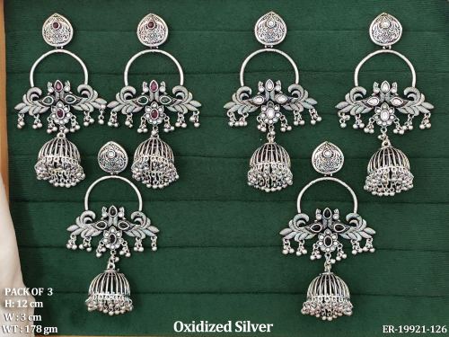 Statement Jhumka Earrings with Stone Work in Oxidised Finish