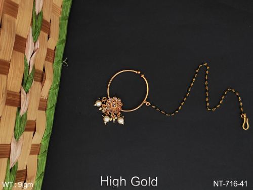 Party Wear Antique Nath Nose Ring with Pearls