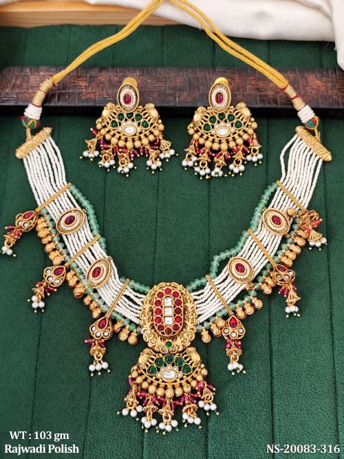 Antique Stone-Studded Necklace Set with Earrings in Rajwadi Finish, photo 2 of 2