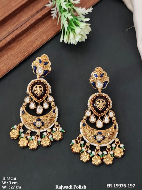 Rajwadi Finish Antique Stone-Studded Chandbali Earrings for Women in Ruby Blue, photo 4 of 5