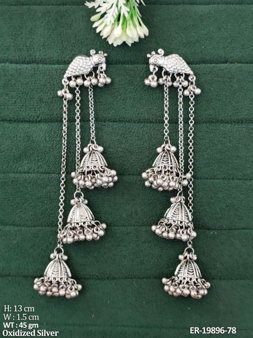 Long Jhumka Earrings with Stone Work in Oxidised Finish, photo 2 of 3
