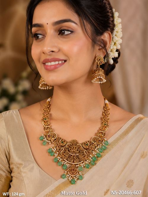 Designer Temple Jewellery Necklace Set Matte Gold Polish