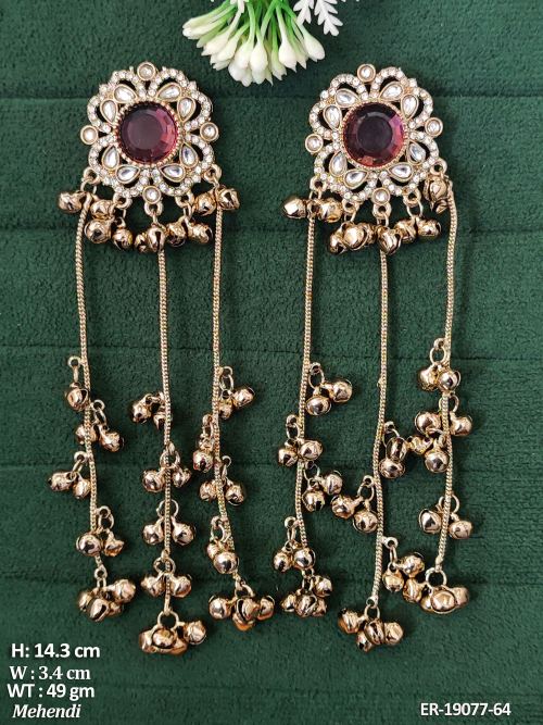Long Antique Chain Earrings with Small Bells in Mehendi Finish