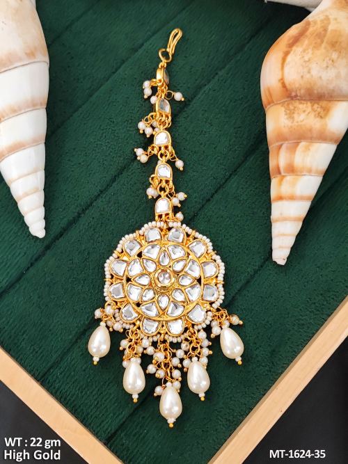Kundan High Gold Polish Clustered Pearl Maang Tikka  