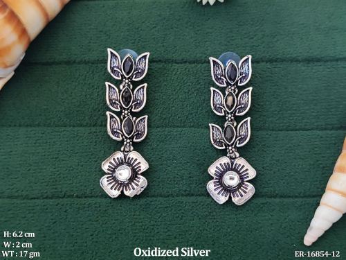 Oxidised Finish Leaf and Flower Drop Earrings