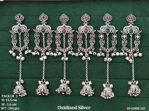 Antique Long Jhumka Earrings in Oxidised Finish for Women