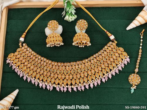 Necklace Set with Earrings with Stone Work in Rajwadi Finish in Mint Green Pink, photo 6 of 7