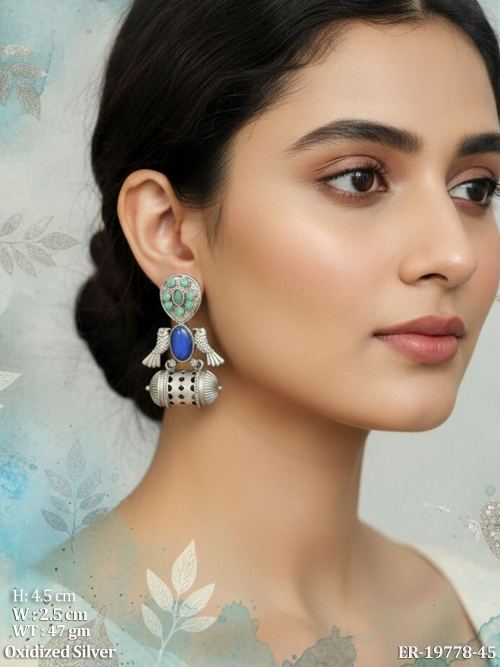Bird Motif Graceful Oxidised Finish Stone-Studded Earrings