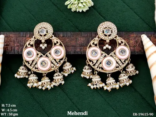 Antique Stone-Studded Jhumka Earrings in Mehendi Finish