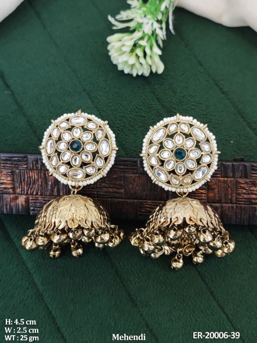 Mehendi Finish Stone-Studded Jhumka Earrings for Women in Rama Green, photo 3 of 5