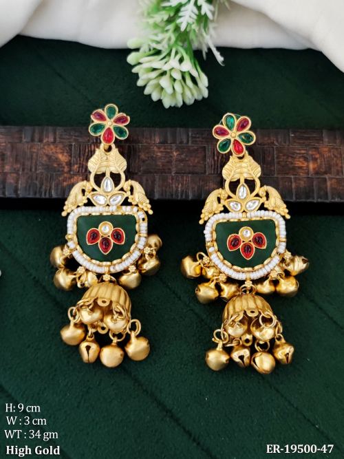 Antique Stone-Studded Jhumki Earrings in Ruby Green, photo 2 of 5