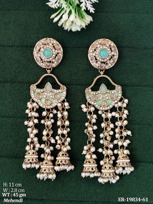 Long Stone-Studded Jhumka Earrings for Women in Mint Green, photo 2 of 3