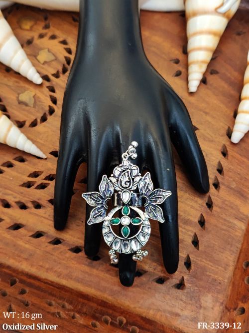 Oxidised Finish Antique Finger Ring for Women in Green, photo 2 of 3
