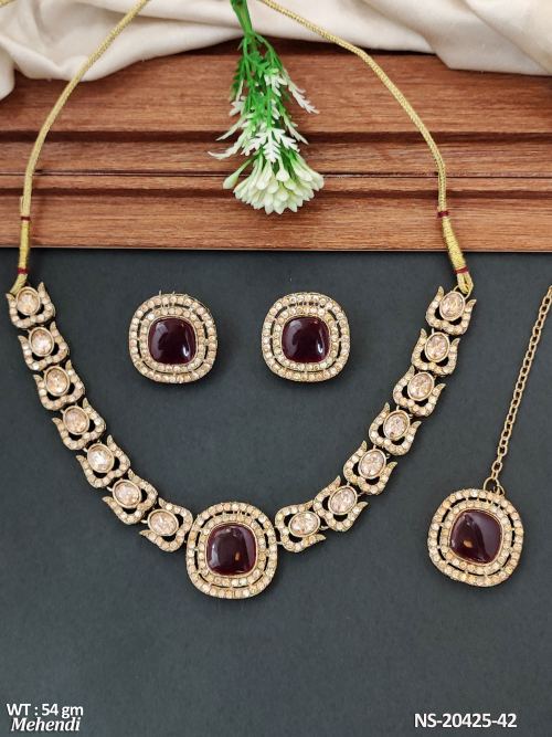 Mehendi Finish Stone-Studded Necklace Set with Earrings in Ruby, photo 3 of 4