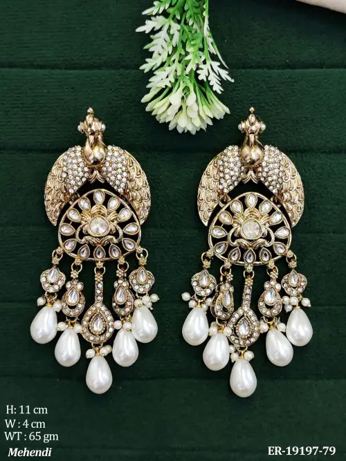 Pearl Peacock Drop Earrings in Mehendi Finish