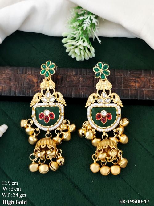 Antique Stone-Studded Jhumki Earrings in Green, photo 3 of 5