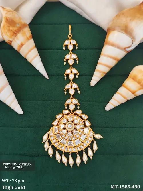 Premium Kundan High Gold Polish Clustered Pearl Party Wear Maang Tikka   