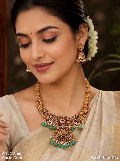 Temple Lakshmi Matte Gold Peacock Necklace Set with Jhumkas