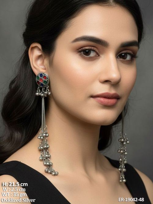 Stone-Studded Drop Earrings in Oxidised Finish