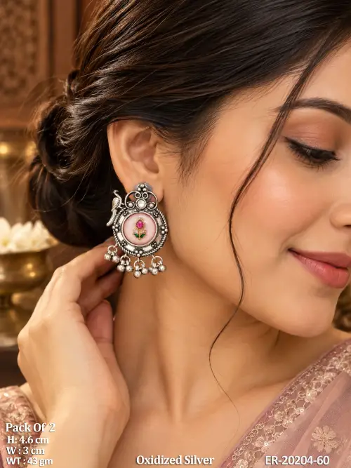 Traditional Peacock Oxidized Silver Earrings Pack Of 2