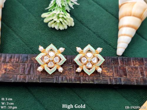 Stone-Studded Kundan Stud Earrings for Women in Neon Green, photo 3 of 4