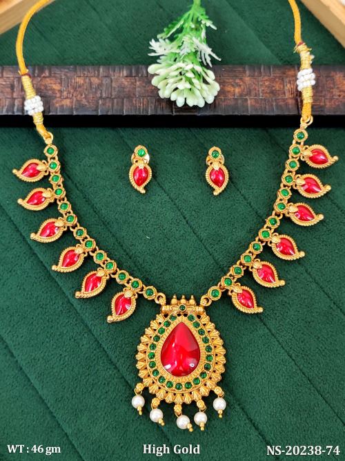 Stone-Studded Paisley Necklace Set with Earrings in Ruby Green, photo 2 of 4