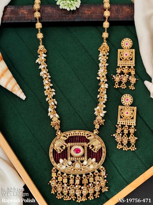 Temple Stone-Studded Necklace Set with Earrings in Rajwadi Finish in Ruby, photo 1 of 4