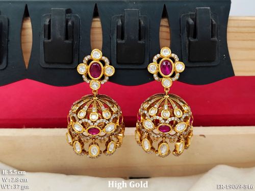 Traditional Stone-Studded Jhumka Earrings in Ruby, photo 3 of 5