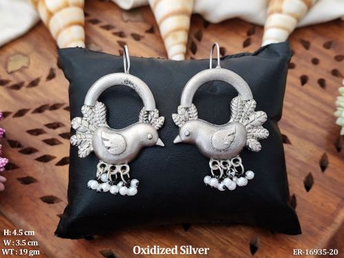 Oxidised Finish Bird Earrings with Bead Drops