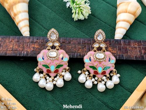 Lotus Stone-Studded Drop Earrings for Women in Multi, photo 2 of 3