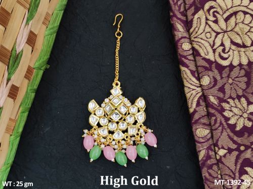 Classic Party Wear Kundan Maang Tikka with Stone Work in Mint Green Pink, photo 8 of 8