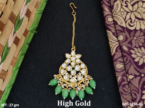 Classic Party Wear Kundan Maang Tikka with Pearls in Mint Green, photo 5 of 6