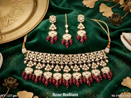Ethnic Stone-Studded Necklace Set in Rose Finish