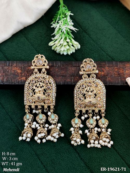 Traditional Stone-Studded Jhumka Earrings in Mehendi Finish in Mint Green, photo 13 of 14