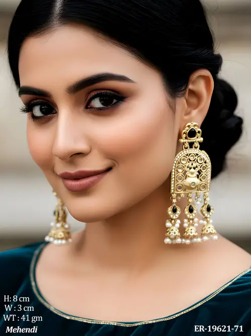 Traditional Stone-Studded Jhumka Earrings in Mehendi Finish
