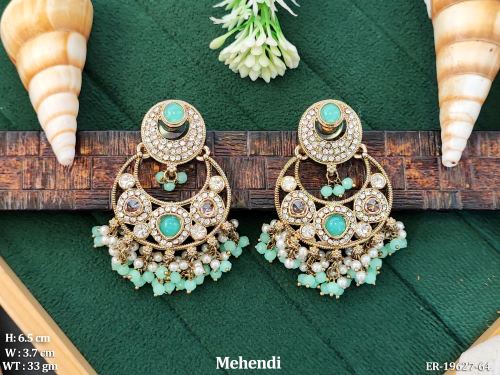 Pearl Chandbali Earrings in Mehendi Finish in Mint Green, photo 7 of 8