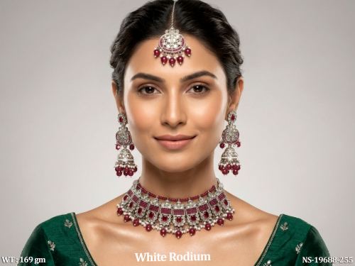 White Finish Choker Necklace Set with Earrings and Tikka